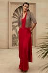 Shop_Ridhima Bhasin_Red Chiffon Embroidered Pearl Work Bolero Jacket Pre-draped Saree Set  _at_Aza_Fashions