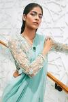 Ridhima Bhasin_Blue Chiffon Embroidered Pearl Work V Neck Blouse And Pre-draped Saree For Women_Online_at_Aza_Fashions