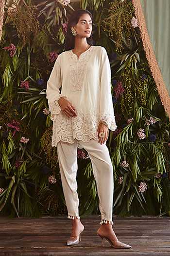 Buy_Ridhima Bhasin_Ivory Cotton And Crepe Beads & Thread Notched Floral Embroidered Kurta & Pant Set _at_Aza_Fashions