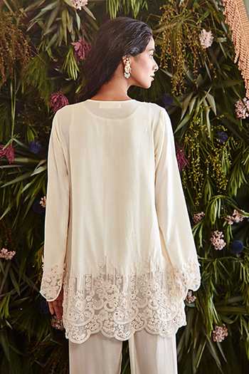Shop_Ridhima Bhasin_Ivory Cotton And Crepe Beads & Thread Notched Floral Embroidered Kurta & Pant Set _at_Aza_Fashions
