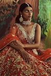 Angad Singh_Orange Lehenga And Blouse Organza Embroidered Leather Plunge Floral Bridal Set_at_Aza_Fashions