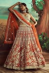 Buy_Angad Singh_Orange Lehenga And Blouse Organza Embroidered Leather Plunge Floral Bridal Set_Online_at_Aza_Fashions