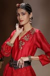 Shop_Neeta Bhargava_Red Handwoven Cotton Silk Printed V Neck Embellished Tunic  _Online_at_Aza_Fashions