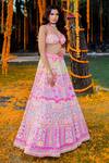 Rajbinder Chahal_Pink Blouse And Lehenga Dupion Silk Dupatta Net V Neck Embroidered Bridal Set _Online_at_Aza_Fashions