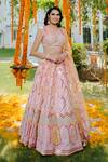 Buy_Rajbinder Chahal_Peach Blouse And Lehenga Dupion Silk Dupatta Net V Neck Embroidered Bridal Set _at_Aza_Fashions