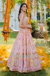 Rajbinder Chahal_Peach Blouse And Lehenga Dupion Silk Dupatta Net V Neck Embroidered Bridal Set _Online_at_Aza_Fashions