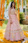 Buy_Rajbinder Chahal_Peach Blouse And Lehenga Dupion Silk Dupatta Net V Neck Embroidered Bridal Set _Online_at_Aza_Fashions