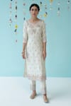 Shop_Angad Singh_White Raw Silk Lining Cotton Embroidery Leaf Neck Kurta Set _at_Aza_Fashions