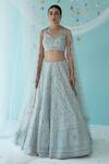 Buy_Angad Singh_Grey Organza Dupatta Net Lining Satin Embroidery V Neck Bridal Lehenga Set _at_Aza_Fashions