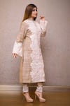 Rina Dhaka_Beige Organic Handloom Cotton Applique Embroidery Leaf Mandarin Kurta And Pant Set _Online_at_Aza_Fashions