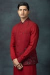 Sarab Khanijou_Red Silk Embroidery Floral Placement Work Waist Coat And Kurta Set _at_Aza_Fashions