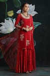 Buy_Rekha Agra_Red Cotton Handloom Embroidery Round Layered Kurta With Dupatta _at_Aza_Fashions