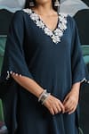 Shop_Rekha Agra_Blue Cotton Slub Embroidery V Neck Kaftan Tunic _at_Aza_Fashions