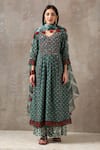 Buy_Rekha Agra_Green Organza, Cotton Slub V Neck Bandhani Print Anarkali Set _at_Aza_Fashions