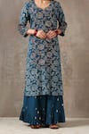 Rekha Agra_Blue Organza, Cotton Slub Notched Floral Print Kurta Set _Online_at_Aza_Fashions