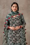 Rekha Agra_Green Cotton Slub Notched Floral Print Kurta Set _Online_at_Aza_Fashions