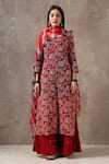 Buy_Rekha Agra_Red Organza, Cotton Slub Notched Floral Print Kurta Set _at_Aza_Fashions