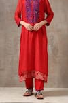 Shop_Rekha Agra_Red Handloom Chanderi Mandarin Collar Kurta Set _at_Aza_Fashions