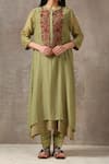 Rekha Agra_Green Handloom Chanderi Mandarin Collar Kurta Set _Online_at_Aza_Fashions