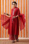 Buy_Rekha Agra_Red Handloom Chanderi And Cotton Silk Block Print, Pearl & Sequin Kurta Pant Set _at_Aza_Fashions