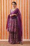 Rekha Agra Purple Cotton Slub And Organza Block Print, Pearl, Thread & Kurta Gharara Set Online at Aza Fashions Rekha Agra_Purple Cotton Slub And Organza Block Print, Pearl, Thread & Kurta Gharara Set _Online_at_Aza_Fashions