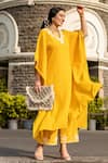 Buy_Rekha Agra_Yellow Cotton Slub V Neck Embroidered Kurta And Pant Set _at_Aza_Fashions