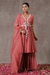 Buy_Rekha Agra_Peach Crinkled Cotton Silk And Organza Block Print & Pearl V Kurta Gharara Set _at_Aza_Fashions