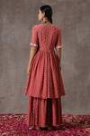 Shop_Rekha Agra_Peach Crinkled Cotton Silk And Organza Block Print & Pearl V Kurta Gharara Set _at_Aza_Fashions