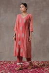 Shop_Rekha Agra_Peach Chanderi And Cotton Flax Block Print & Pearl V Neck Kurta & Pant Set _Online_at_Aza_Fashions