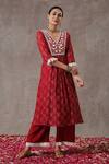 Buy_Rekha Agra_Red Chanderi And Cotton Flax Block Print & Pearl V Neck Kurta & Pant Set _at_Aza_Fashions
