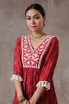 Rekha Agra_Red Chanderi And Cotton Flax Block Print & Pearl V Neck Kurta & Pant Set _Online_at_Aza_Fashions