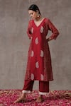 Buy_Rekha Agra_Red Chanderi, Cotton Flax Geometric Motifs V Neck Kurta And Pant Set _at_Aza_Fashions