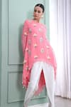 Shop_Seams Pret And Couture_Pink Georgette Embroidered Bead Work Boat Neck Reva Asymmetric Kurta And Pant Set _at_Aza_Fashions