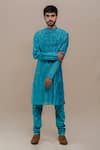 Buy_Runit Gupta_Blue Kurta Chanderi Silk Churidar Cotton Embroidered Set _Online_at_Aza_Fashions