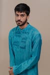 Shop_Runit Gupta_Blue Kurta Chanderi Silk Churidar Cotton Embroidered Set _Online_at_Aza_Fashions