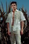 Buy_Runit Gupta_White Enzyme Washed Cotton Thread Work Monstera Leaf Embroidered Shirt_at_Aza_Fashions