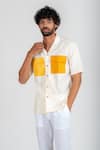 Runit Gupta_White Cotton Linen Embroidered Thread Work Colourblock Pocket Shirt  _at_Aza_Fashions