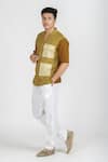 Runit Gupta_Brown Cotton Linen Embroidered Thread Work Colourblock Shirt  _Online_at_Aza_Fashions