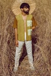 Shop_Runit Gupta_Brown Cotton Linen Embroidered Thread Work Colourblock Shirt  _Online_at_Aza_Fashions