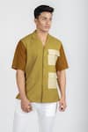 Runit Gupta_Brown Cotton Linen Embroidered Thread Work Colourblock Shirt  _at_Aza_Fashions