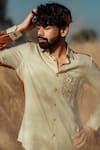 Shop Runit Gupta Brown Cotton Linen Thread Work Colourblock Embroidered Shirt Online at Aza Fashions Shop_Runit Gupta_Brown Cotton Linen Thread Work Colourblock Embroidered Shirt _Online_at_Aza_Fashions