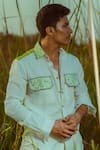 Runit Gupta_Green Cotton Linen Thread Work Colourblock Shirt  _at_Aza_Fashions