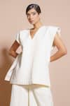 Stoique_Off White Cotton Matty V Neck Quilted Vest Top_Online_at_Aza_Fashions