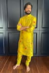 Buy_Archana Jaju_Yellow Bundi Raw Silk Embroidered Thread And Kalamkari Kurta Set  _at_Aza_Fashions