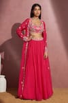 Buy_Aneesh Agarwaal_Fuchsia Soft Organza Embroidery Mirror And Thread Scoop Neck Cape Lehenga Set _at_Aza_Fashions