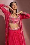 Aneesh Agarwaal_Fuchsia Soft Organza Embroidery Mirror And Thread Scoop Neck Cape Lehenga Set _Online_at_Aza_Fashions