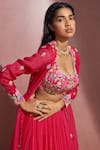 Buy_Aneesh Agarwaal_Fuchsia Soft Organza Embroidery Mirror And Thread Scoop Neck Cape Lehenga Set _Online_at_Aza_Fashions