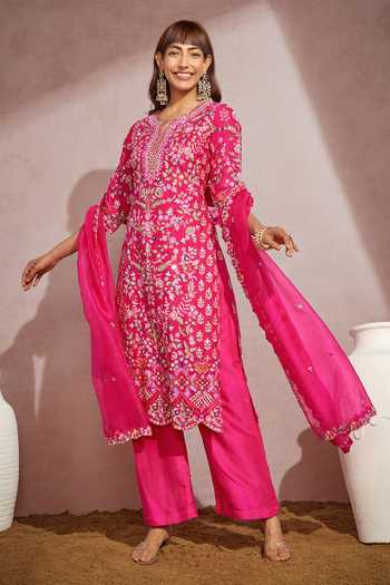 Buy_Aneesh Agarwaal_Fuchsia Organza And Silk Zardozi Notched Floral Embroidered Kurta Set _at_Aza_Fashions