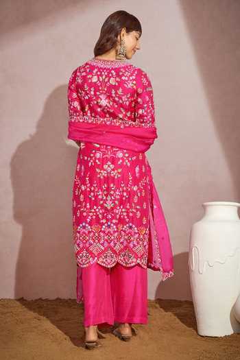 Shop_Aneesh Agarwaal_Fuchsia Organza And Silk Zardozi Notched Floral Embroidered Kurta Set _at_Aza_Fashions