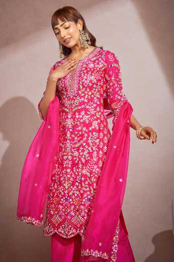 Aneesh Agarwaal_Fuchsia Organza And Silk Zardozi Notched Floral Embroidered Kurta Set _Online_at_Aza_Fashions